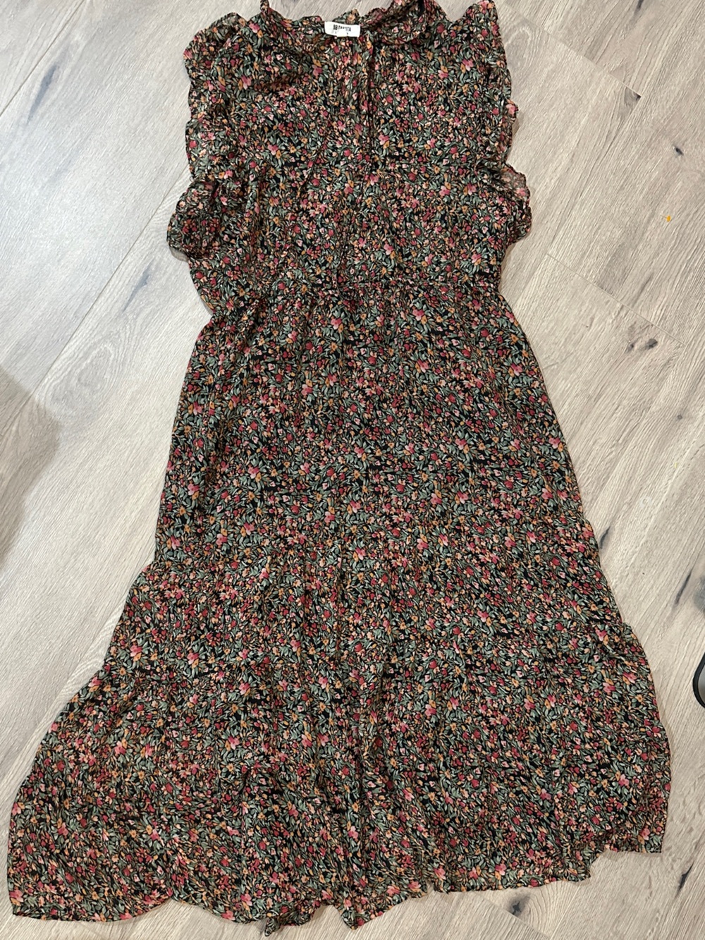 BB Dakota by Steve Madden Black Floral Maxi Dress with Red & Green Accents